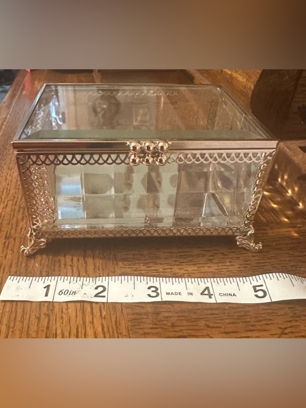 Vintage Style Beveled Glass & Gold Filigree Jewelry Box